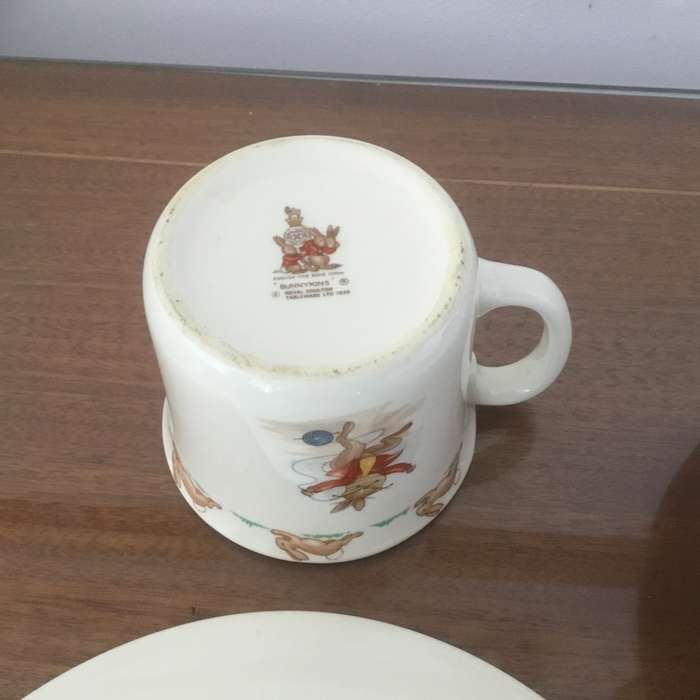 Royal Doulton bunnykins teaching clock & plate ,cup