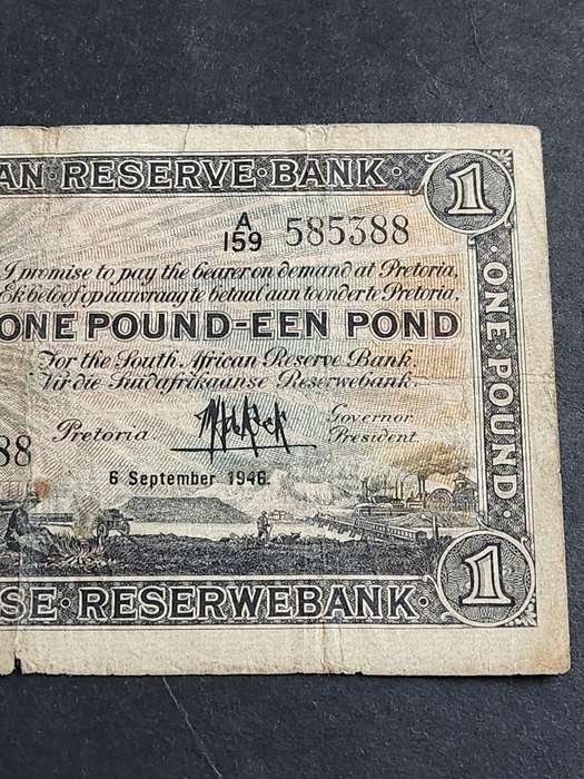 MH de Kock One Pound 6 September 1946 1st issue (tears) - as per photograph