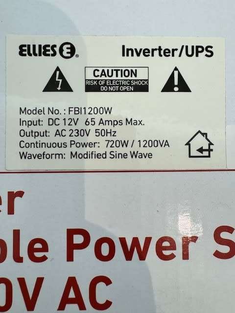 Ellies 720W 1200VA Inverter Uninterruptible Power Supply (UPS) 12v DC to 230v AC