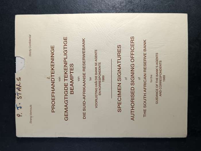 A book containing specimen signatures of people at the reserve bank