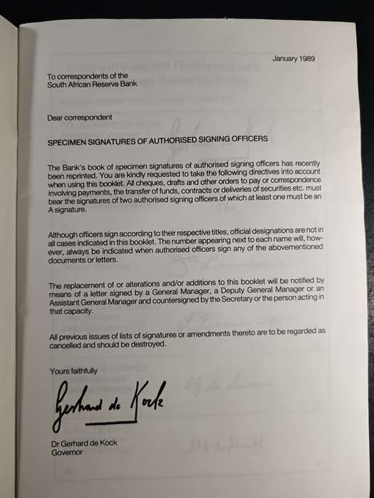 A book containing specimen signatures of people at the reserve bank