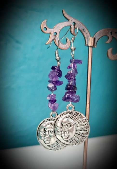 Sun and Moon Face With Amethyst Earrings