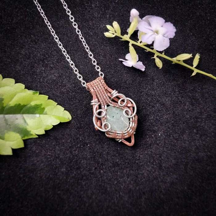 Green Aventurine in Copper & Silver Coloured Copper Pendant Necklace Twisted & Stoned