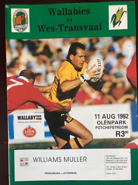 1992 Western Transvaal vs Australia rugby matchday programme