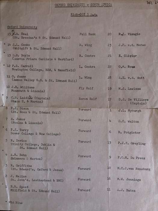 1969 Oxford vs South Africa rugby matchday programme (Very rare)