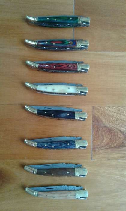 DAMASCUS Hand Made Foldable Laguiole style knives, 2 Available. Leather Sheath included.