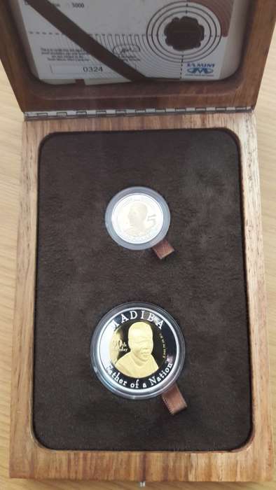 Mandela 90th Birthday celebration PROOF SET, Solid gold and silver Medal, and R5 PROOF as issued.