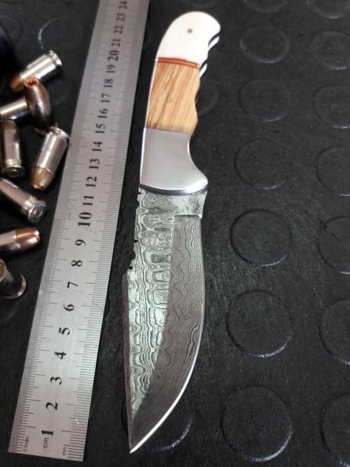 Handmade DAMASCUS Steel Knife, Camel bone and wooden handle scales. Crazy R1 start, No rese