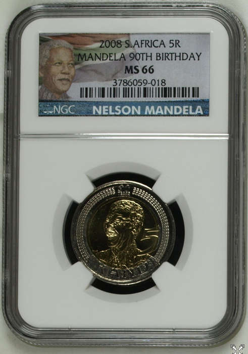 Mandela 90th Birthday R5, New label, Graded by NGC MS 66, BID PER COIN, 10 available.