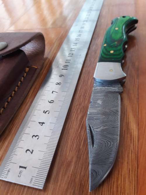 Handmade Damascus steel folding knife with WOODEN handle scales.