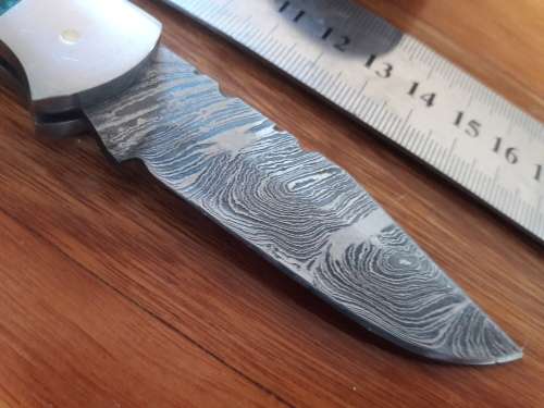Handmade Damascus steel folding knife with WOODEN handle scales.