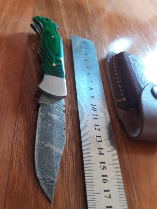 Handmade Damascus steel folding knife with WOODEN handle scales.