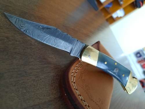 Handmade Damascus steel folding knife with Camel Bone  handle scales. GREAT GIFT !!