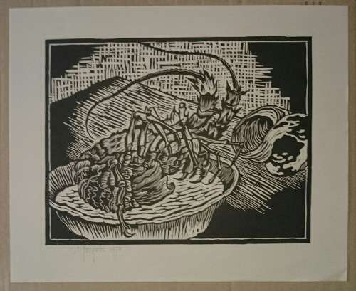 Still Life Crayfish Linocut by Gregoire Boonzaier Dated 1978