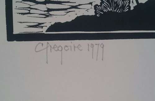 Windswept Trees. Linocut by Gregoire Boonzaier Dated 1979