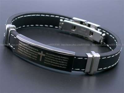MANS STAINLESS STEEL 316L SILVER  CROSS ON BLACK ION RUBBER BRACELET