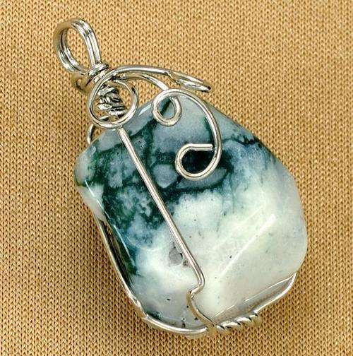 TREE AGATE 18K WGP WIRE WRAP PENDANT 42MM X 20MM X 24MM 24GRMS 25GRMS
