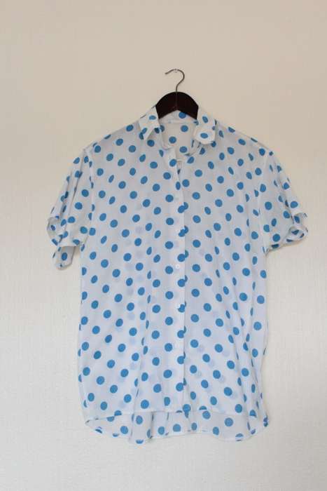 Blue and White Pokka Dot Button Up (Large /XL) Needs some TLC