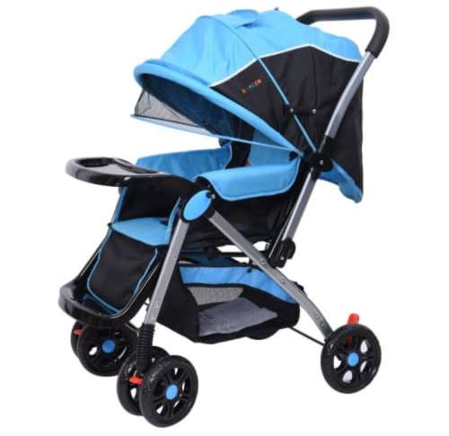 Baneen Baby Stroller Pram with Lift Up Foot Rest and Multi-position Reclining Backrest - Large - Blu