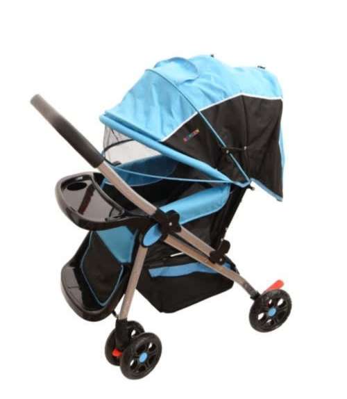 Baneen Baby Stroller Pram with Lift Up Foot Rest and Multi-position Reclining Backrest - Large - Blu