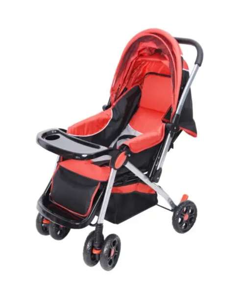 Baneen Baby Stroller Pram with Lift Up Foot Rest and Multi-position Reclining Backrest - Large - Red