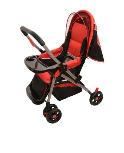 Baneen Baby Stroller Pram with Lift Up Foot Rest and Multi-position Reclining Backrest - Large - Red