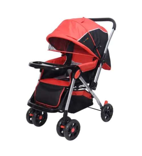 Baneen Baby Stroller Pram with Lift Up Foot Rest and Multi-position Reclining Backrest - Large - Red