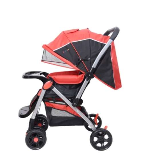 Baneen Baby Stroller Pram with Lift Up Foot Rest and Multi-position Reclining Backrest - Large - Red