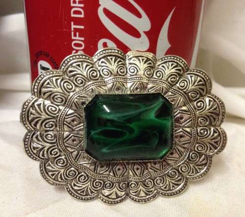 Brooch - CENTRAL GREEN STONE  CELTIC DESIGN IN LIGHT SILVER  TONE METAL