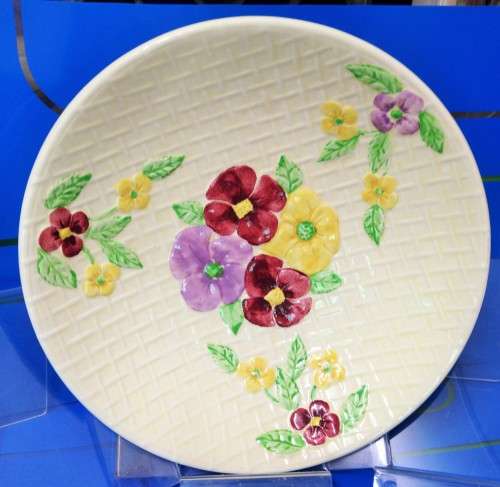 WADE HEATH Fruit bowl- ceramic basket weave Yellow with Pansy`s