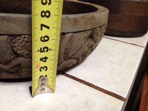 EXQUISITE 3WOOD BOWLS 2 BIG HEAVY CARVED FRIEZE+PLAIN HAS SIEVE rusted!GREAT COUNTRY HOME DECOR!!!!