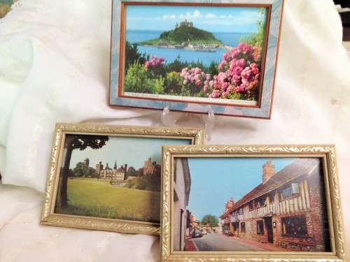 3 COLOUR *ENGLISH POST CARDS*FRAMES WITH GLASS*BEAUTIFUL!!GREAT COUNTRY HOME DECOR!!