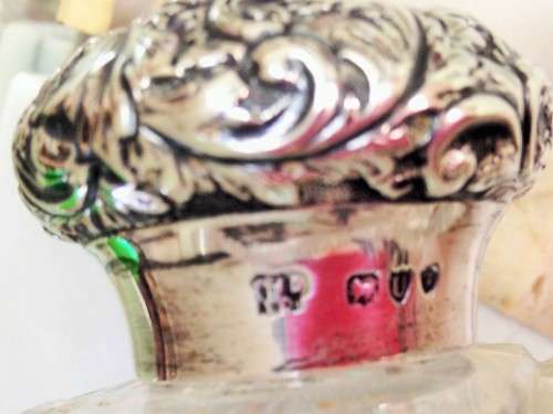 HALLMARKED SILVER COLLAR ON LIFT OFF LID( hallmark pictures)CRYSTAL+STOPPER-PERFUME BOTTLE *damage