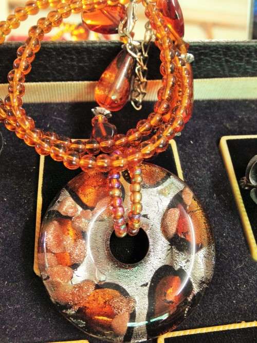Necklace MURANO Italy glass Silver foil lampwork Pendant + Amber heart long drops glass beads