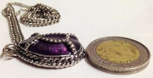 Necklace - Pendant Egyptian SCARAB Cloisonne PURPLE ENAMEL TRIM +  metal CHAIN silver tone