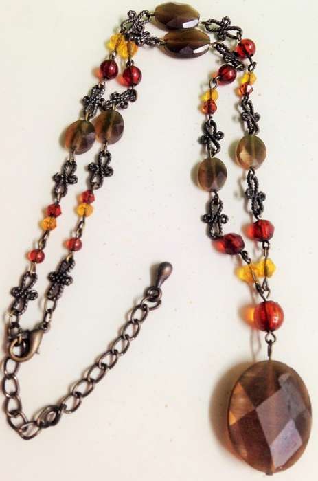 Necklace -  Red CRYSTALS cut  Glass faceted large Pendant Smokey looking Bead and smaller mix
