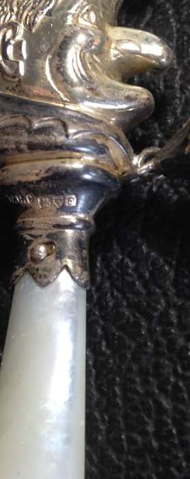 STERLING Silver Mr Punch + bells BABY Rattle +Mother of Pearl handle + Teething ring