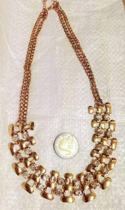 NECKLACE -Bib 2 Strand ROSE GOLD +CRYSTALS GOLD Tone METAL