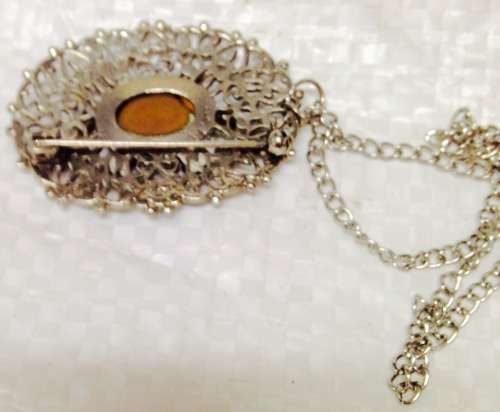 BROOCH FILIGREE Silver Tone metal Large AMBER Glass Stone - Crystals