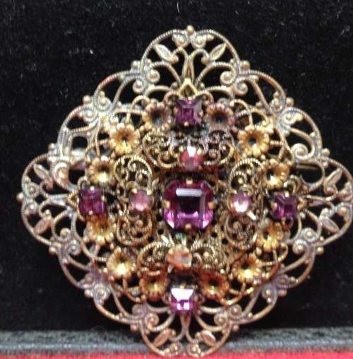 Brooch - Filigree Amethyst Stones Vintage Bohemian