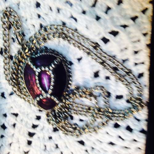 Necklace - Pendant Egyptian SCARAB Cloisonne PURPLE ENAMEL TRIM +  metal CHAIN silver tone