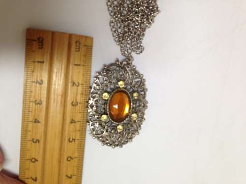 BROOCH FILIGREE Silver Tone metal Large AMBER Glass Stone - Crystals