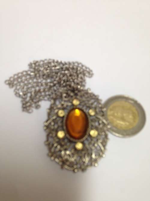 BROOCH FILIGREE Silver Tone metal Large AMBER Glass Stone - Crystals