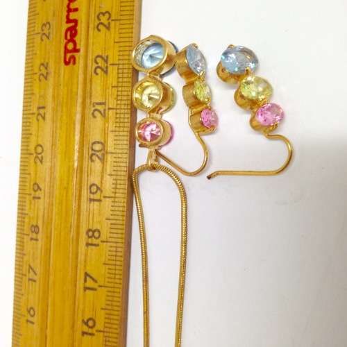 Necklace+Earrings - Set multiple colour small stones Chain gold Tone metal