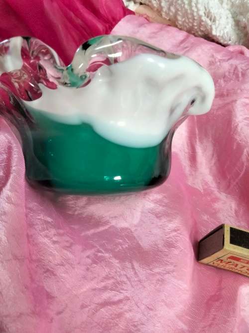 Studio Art Glass Hand Blown Green White infusion Frilled edges