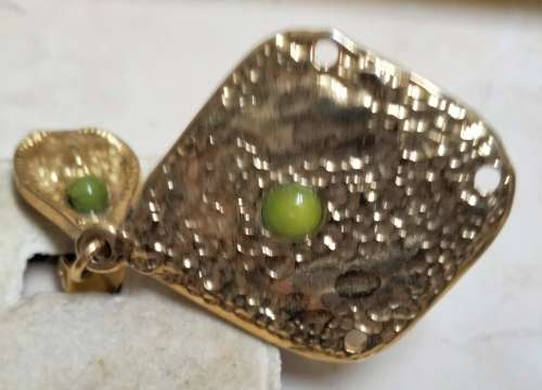 EARRING -  dangle Italian Clip on Costume Jewelry Gold tone with small green cabochon