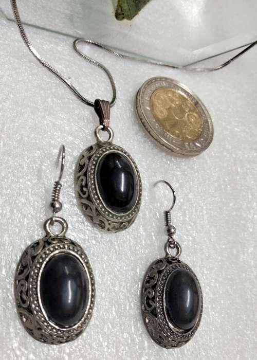 Necklace+ Earrings - Mourning black cabochon pendant on silver tone chain and earrings
