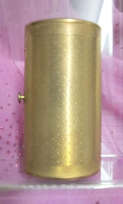 Vintage Cigarette box BARREL shape hinged lid Mother of Pearl ornate yellow metal