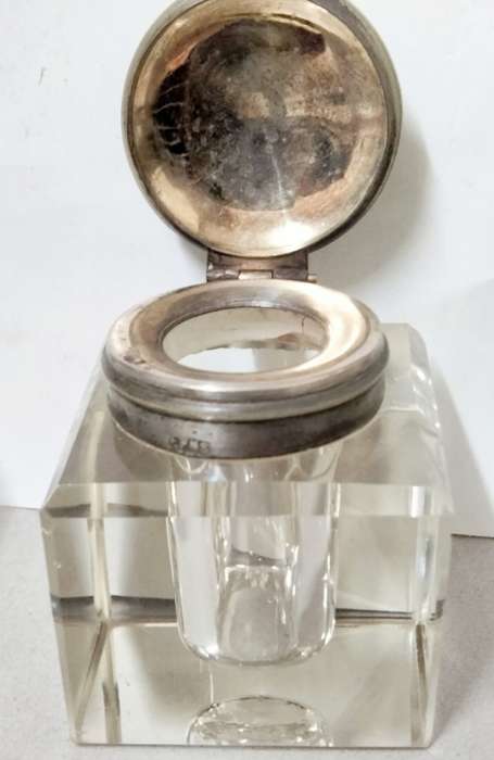 Inkwell stamped EPNS on collar Hinged lid lead Crystal  bevelled edges No chips No cracks