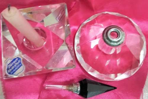 Art Deco bottle-Crystal Cut Glass Black finial dauber+Candle holder